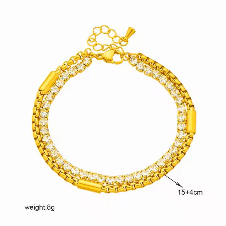 18K Gold Plated Double Layer Zircon Bracelet – Adjustable Stainless Steel