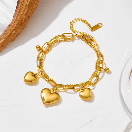 Waterproof 18K Gold Plated Stainless Steel Heart Bracelet – Non-Tarnish Multi-Layer Design